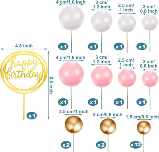 25 Pcs Mini Colorful Balls Cake Topper Set – Acrylic, Foam, Pink, White & Gold for Wedding, Birthday, or Party Decor