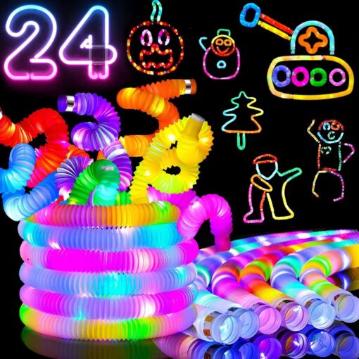 24-Pack Halloween Glow Stick Fidget Pop Tubes - LED Sensory Toys, Party Favors, Goodie Bag Fillers, and Treat Prizes for Kids