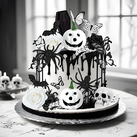 Gothic Black Cake Decorations Set – 20PCS Skulls, Roses, Pumpkins & Butterflies for Halloween, Weddings, and Birthdays