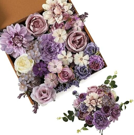 Kisflower Purple Artificial Flower Combo – Silk Peonies & Roses for Weddings, Bouquets, & Decor