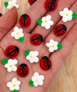 Icing Ladybugs and Daisies (16 Pieces): Miniature royal icing ladybugs and white daisy flowers, perfect for spring-themed decorations