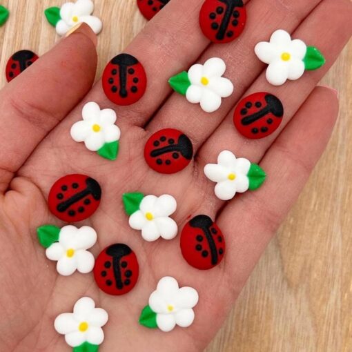 Icing Ladybugs and Daisies (16 Pieces): Miniature royal icing ladybugs and white daisy flowers, perfect for spring-themed decorations